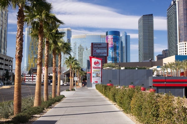 Vegas 2 5917 Photo of a city street with palm trees on the left and skyscrapers on the right, demonstrating the use of vertical lines in photography composition