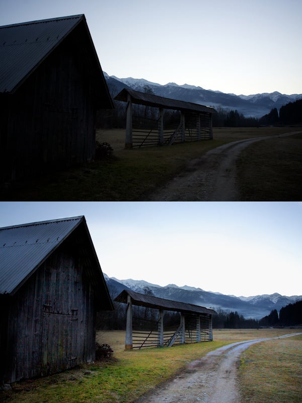 dodge A before and after image of using the burn & dodge tools Instead of HDR