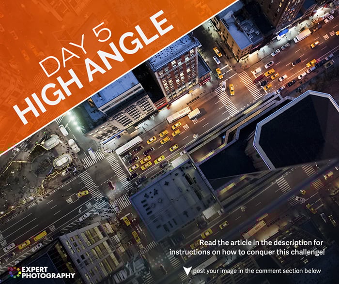 A colorful advertisement with text that says DAY 5 HIGH ANGLE at the top, showing an urban city street with traffic and buildings at night.