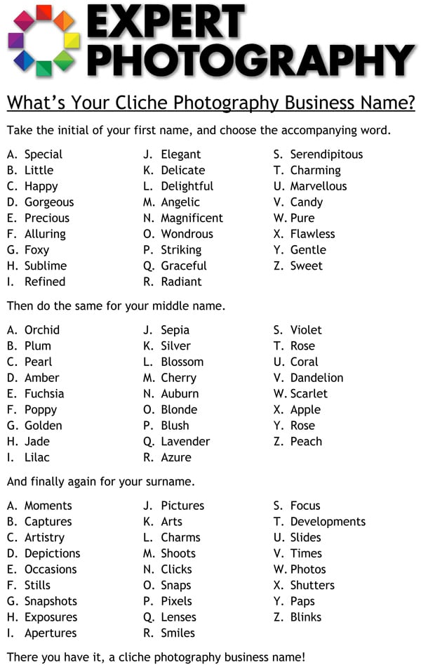 Expert Photography fun cliche photography business name generator