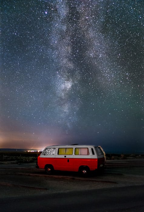 A red van parked right in front the Milky Way in Cap-Blanc-Nez (France)