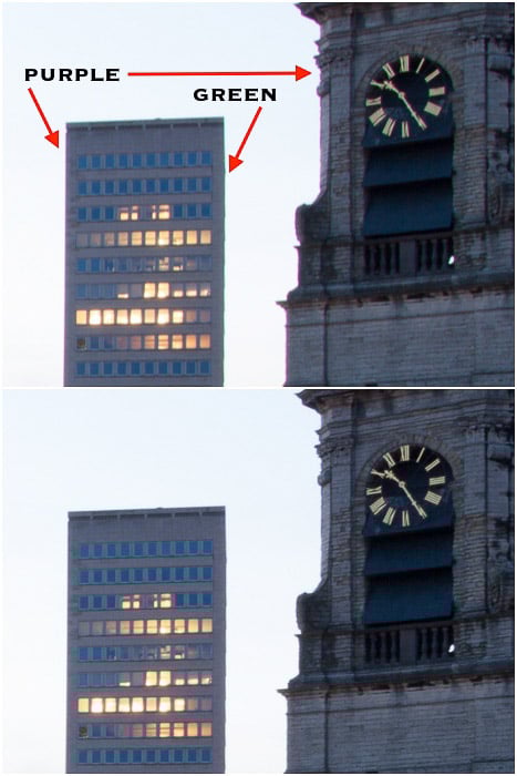 Diptych comparing photos of a clocktower before and after removing chromatic aberration