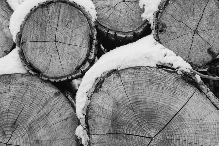 Stacked logs covered in snow taken in a black and white exposure - winter landscape photography