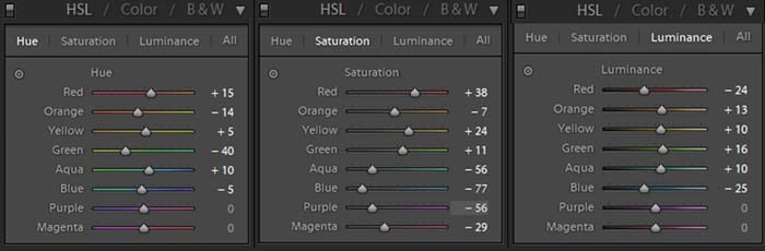 the hue, saturation and luminance features in Lightroom