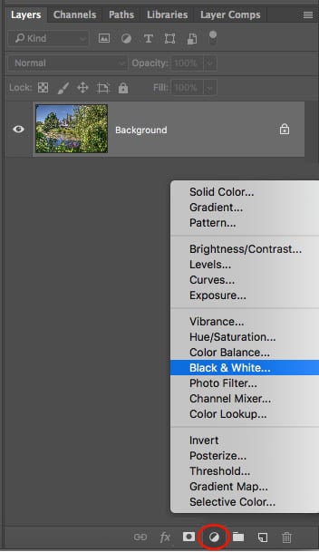 drop-down menu for black and white editing in photoshop