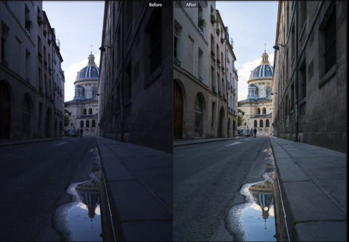 Showing a before and after photograph of a street using free Lightroom presets - Street View