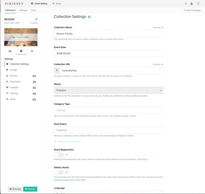 A screenshot of pixieset collection settings