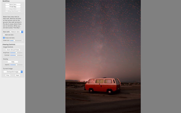 Starry Landscape Stacker red dots are placed in the sky