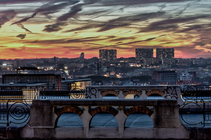dramatic colorful skyline of Brussels from the belvedere of Place Poelaert (Justice Palace).