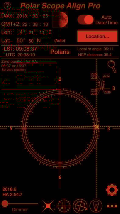 A smartphone displaying a celestial navigation app with a nighttime satellite view.