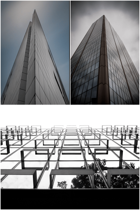 three photo collage showing interesting angles to shoot the facade of buildings. architectural photography