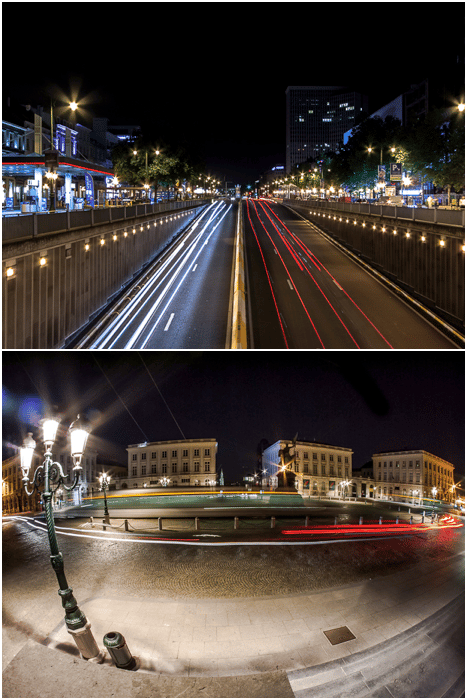two urban photography shots of light trails from traffic at night
