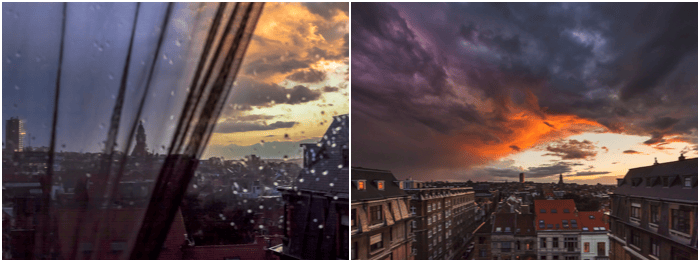 2 photos showing dramatic weather and colored clouds over an urban cityscape