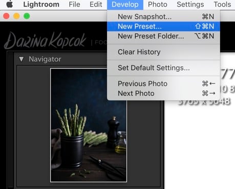 Screenshot of saving presets on Adobe Lightroom.