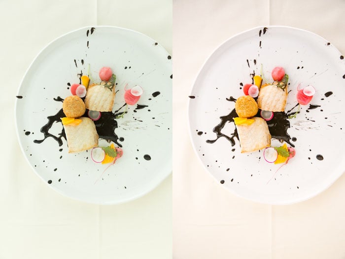 Diptych food photography of a white plate with a creative dessert, the same subject with different lighting.