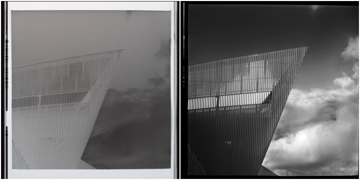 Two black and white 6x6 medium format photographs of an urban structure and sky taken with Yashica Mat TLR camera
