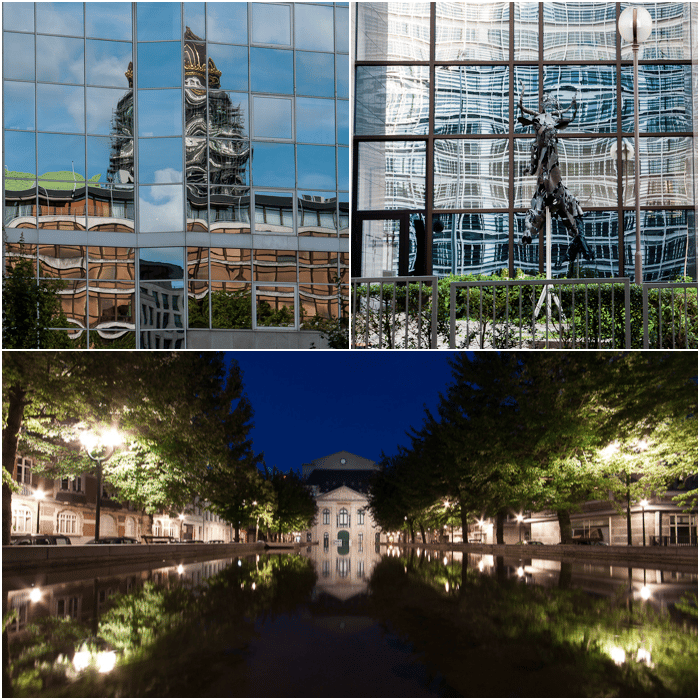City photography ideas: three photograph collage showing reflected surfaces and patterns in windows and water