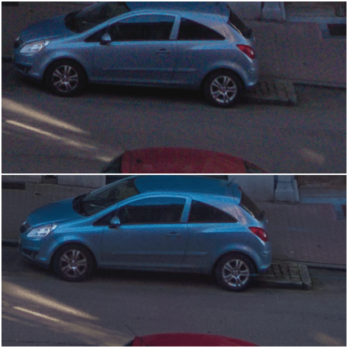 Two images of a blue car on the street. 100% crop from the single exposure 0 EV (top) vs HDR from -2EV, 0EV, and +2EV exposures (bottom).
