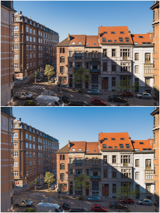 A diptych of the same street scene shot at a single exposure 0EV (top) vs -2EV, 0EV and +2EV exposures (bottom)