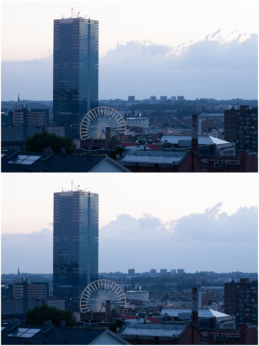Two photos of the same cityscape. Comparison between simple HDR fusion (top) and fusion with de-ghosting (bottom).