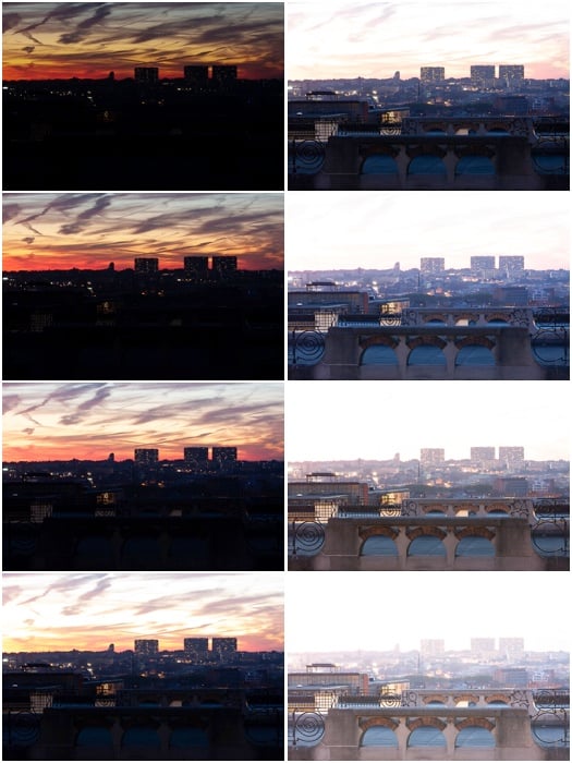 Multiple photographs of a cityscape with different exposures. All photos were taken 1 EV apart.