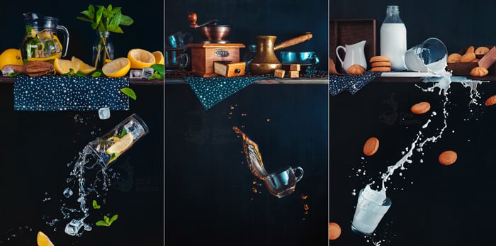 A creative photography triptych of still life with falling glasses of liquid splashing on dark background