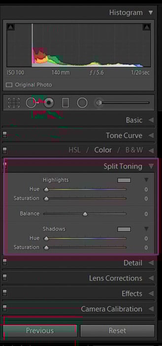 Screenshot of Adobe Lightroom split toning panel for editing flower photography 