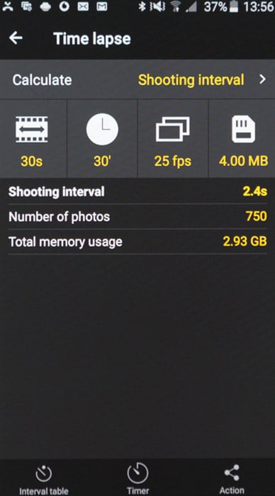 Screenshot of PhotoPills app time lapse calculator