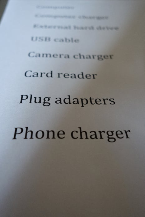 Close up of a travel photographers list of gear and best way to backup photos when travelling