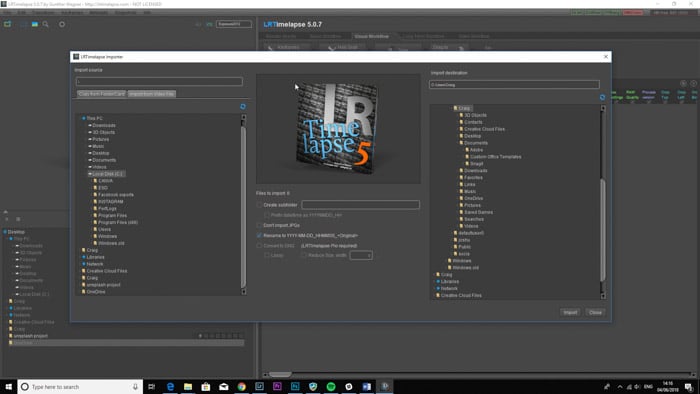 Lightroom screenshot of importing images on LRTimelapse