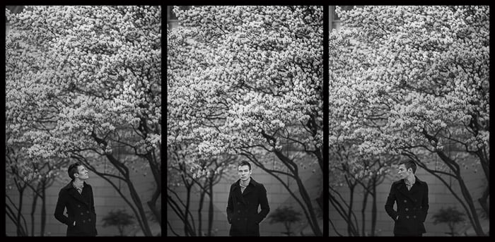 A natural light photography triple portrait of Oleg Gergel in front of cherry blossom trees in Frankfurt, Germany . Outdoor portrait photography tips.