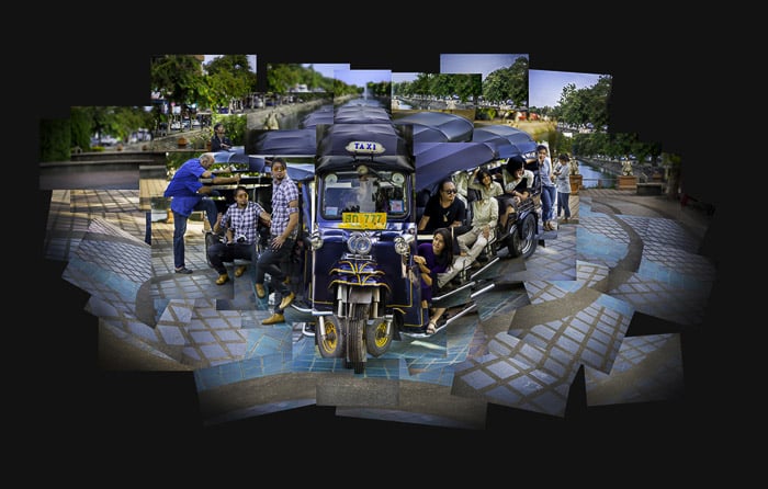 A photomontage of a tuktuk full of people which is bent out of shape and displayed in a very cubist manner.