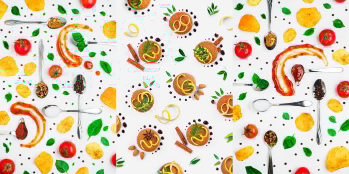 Three still life photography ideas of food and cutlery patterns on white backgrounds