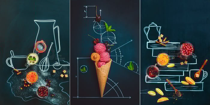 Three overhead flat lay still life photography ideas of food photography posed on a blackboard with chalk drawings