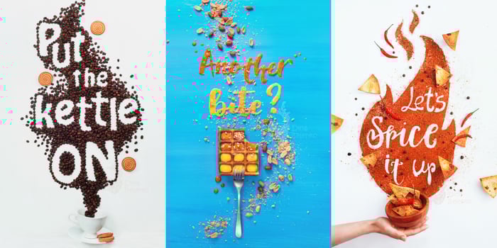 Three still life photography ideas of food photography text and items