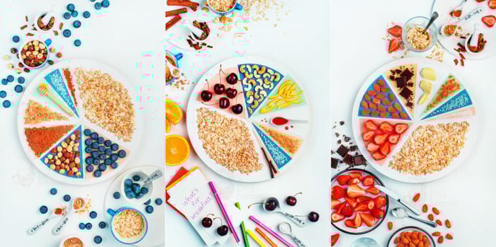 Three still life photography ideas of colorful overhead "pie charts" of cereals, fruits, food ingredients and labels