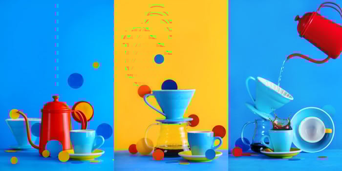 Fun pictures of coffee brewing equipment triptych on bright blue and yellow background