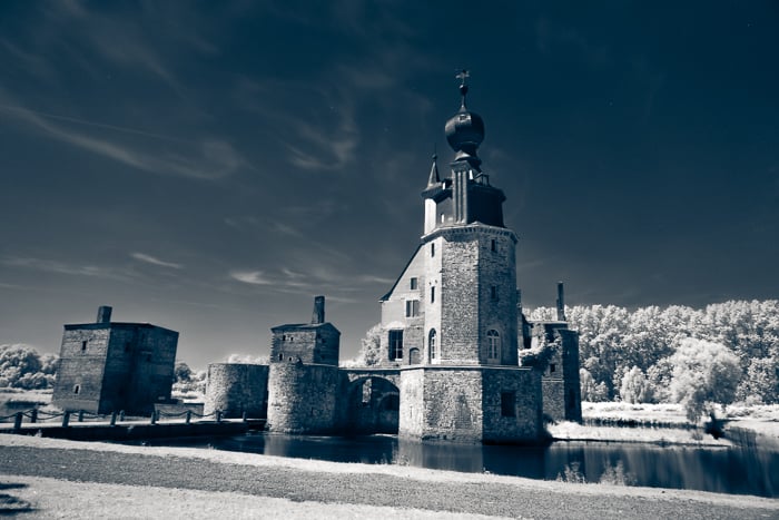 An infrared photo of a stone tower