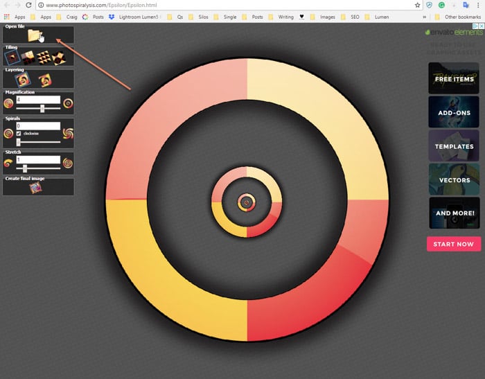 Screenshot of opening the web page of Photo Spiralysis
