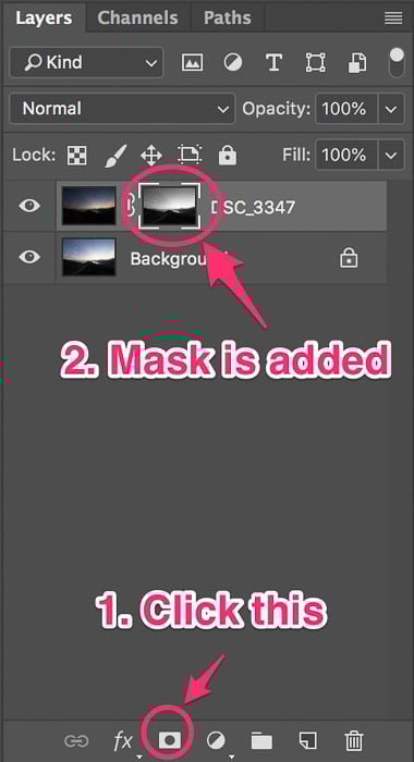 Screenshot of adding mask to create basic luminosity masks with just one click