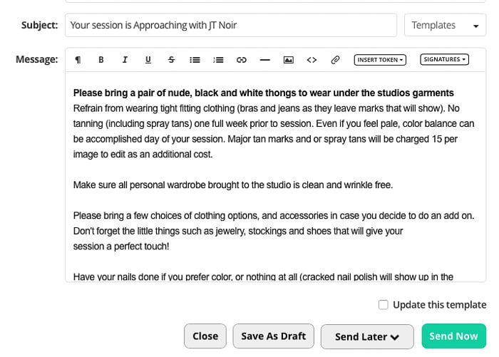 Email correspondence regarding a boudoir shoot