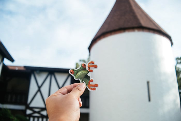 Humourous image of a person holding a picture of a frog against a tower