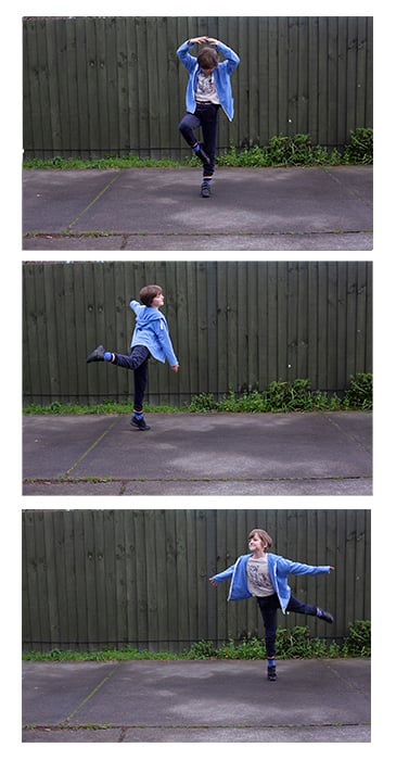 Three photograph grid of a little girl dancing outdoors