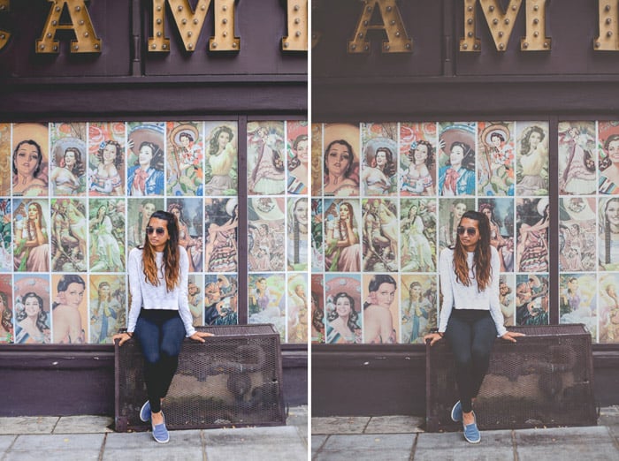 Diptych portrait of a woman posing outside a shopfront - one with a different color tone from portrait photography editing techniques.