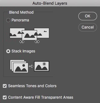 Screenshot of how to auto-blend layers on Photoshop for macro photography