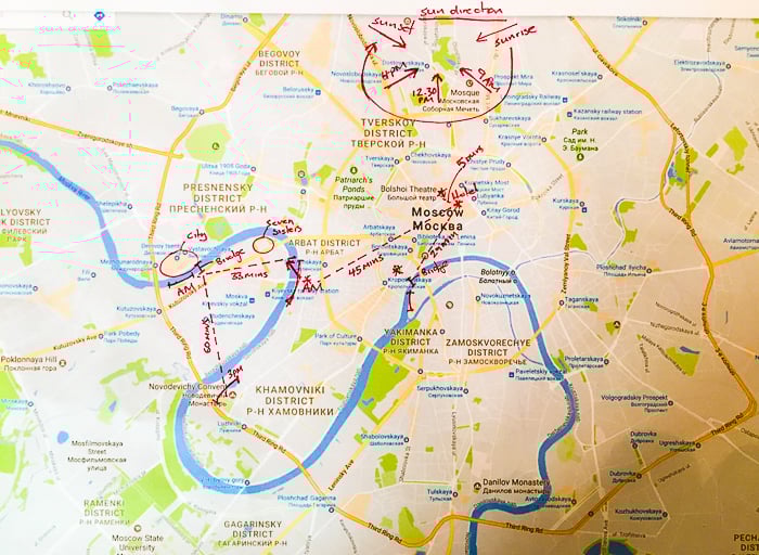 photo of a map with a planned trip drawn in red marker
