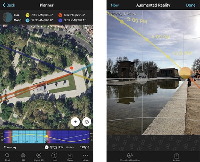 A screenshot of augmented reality interface in the photopills app