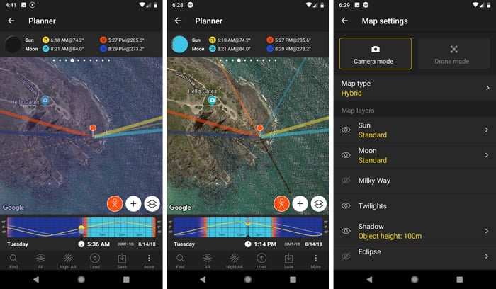 A screenshot of the map settings and planner interface in the photopills app