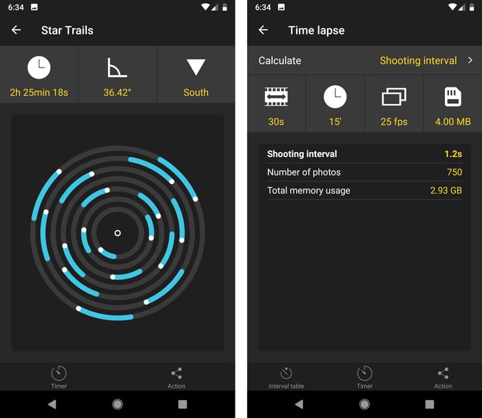 A screenshot of the star trails and rime lapse pills interface in the photopills app