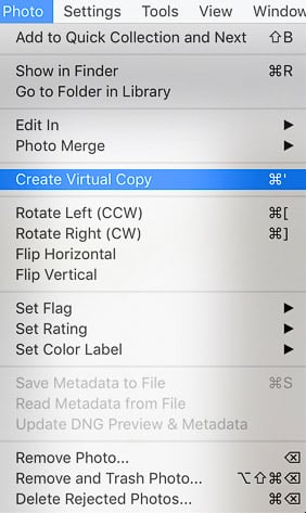screenshot of creating a virtual copy on Lightroom product photography editing